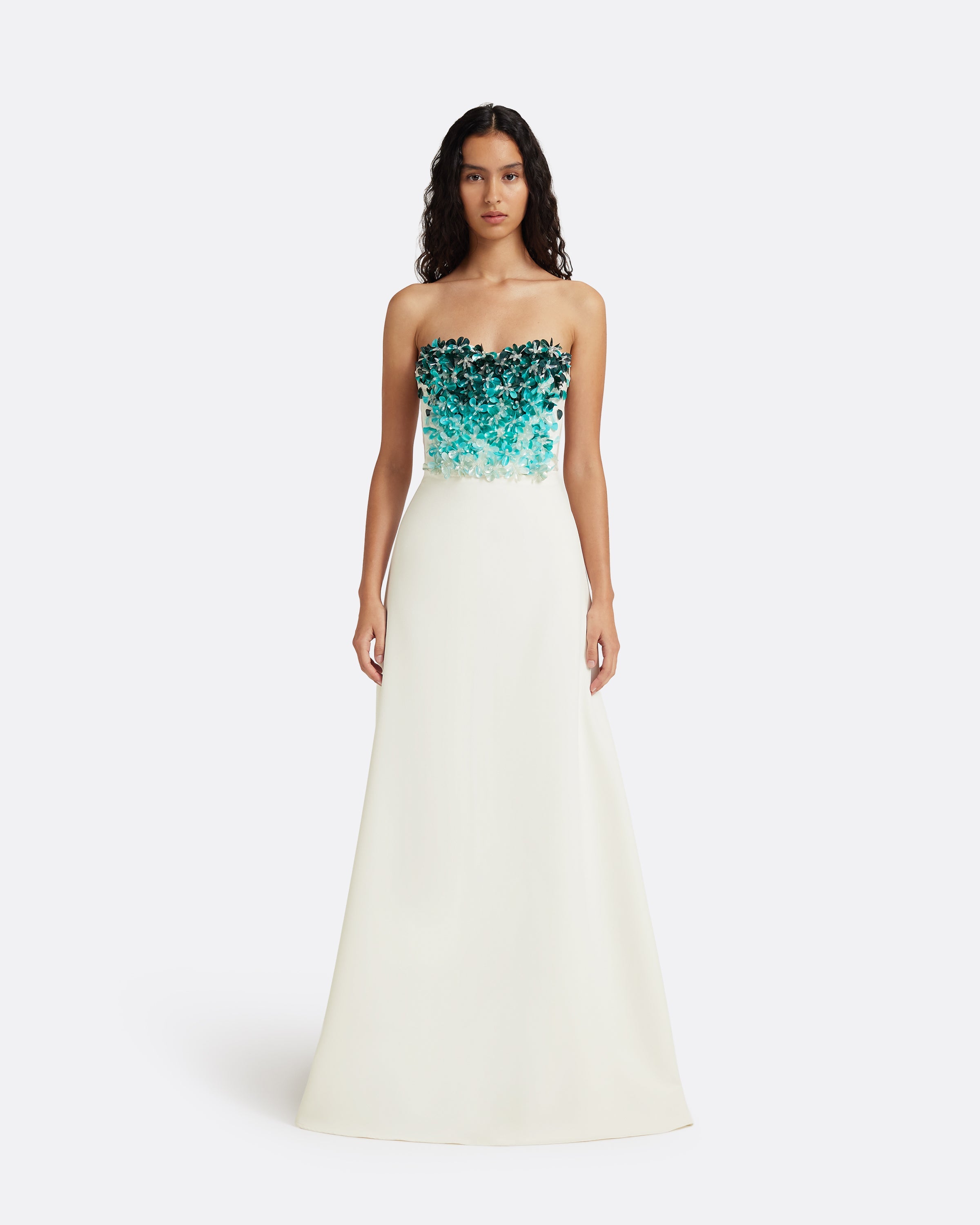 Siena Long Dress in Ivory with Blue Embroidery