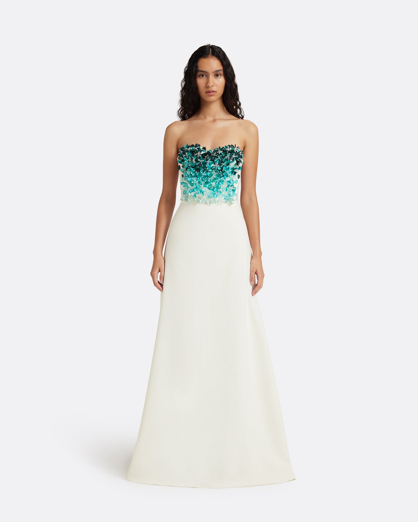 Siena Long Dress in Ivory with Blue Embroidery