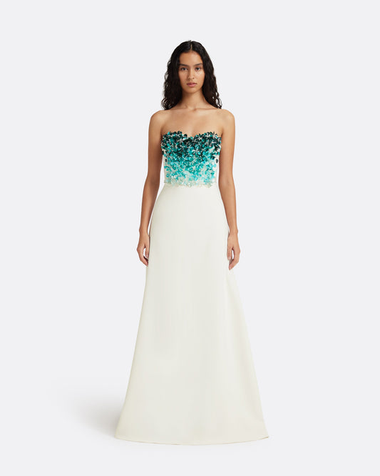 Siena Long Dress in Ivory with Blue Embroidery
