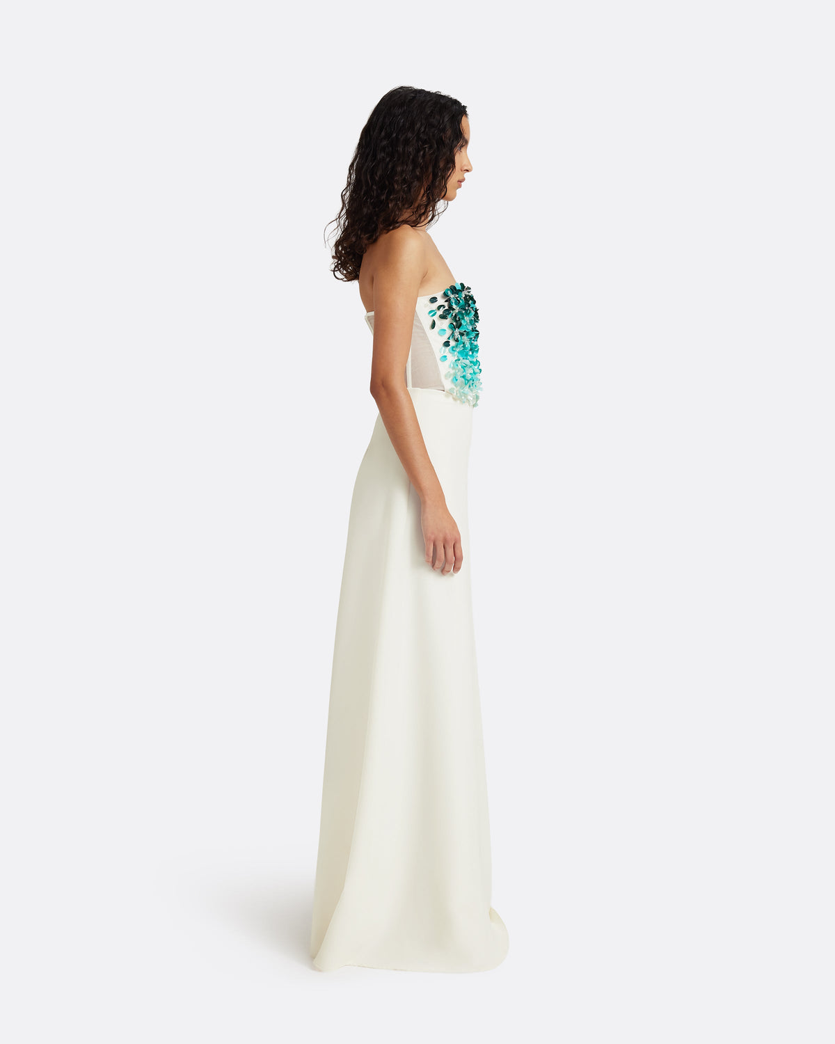 Siena Long Dress in Ivory with Blue Embroidery