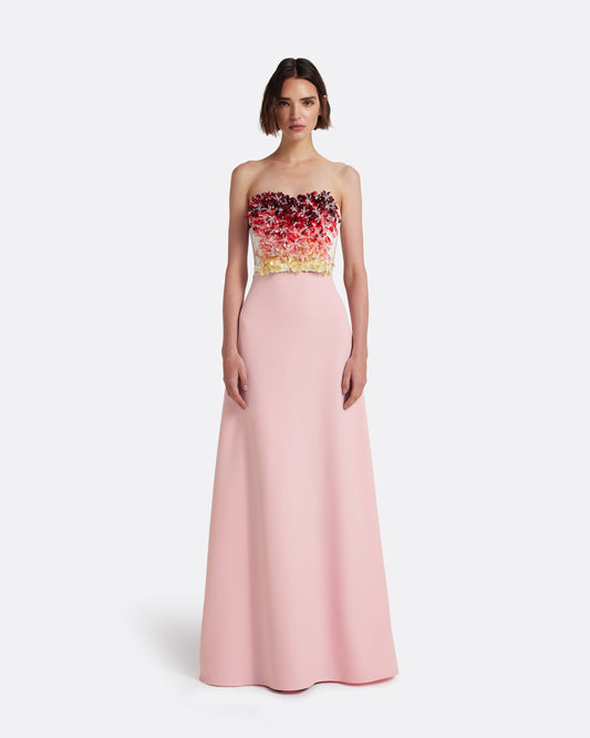 Siena Long Dress in Lychee with Pink Embroidery