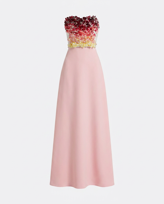 Siena Long Dress in Lychee with Pink Embroidery