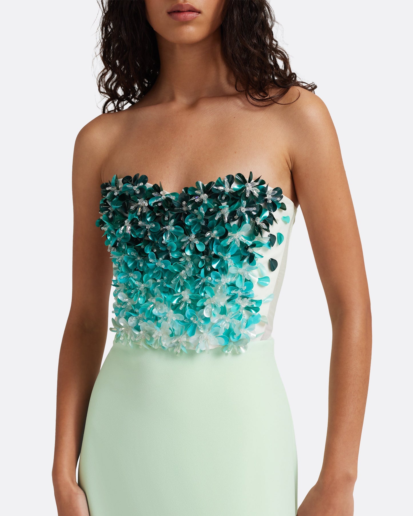 Siena Long Dress in Sea Glass with Blue Embroidery