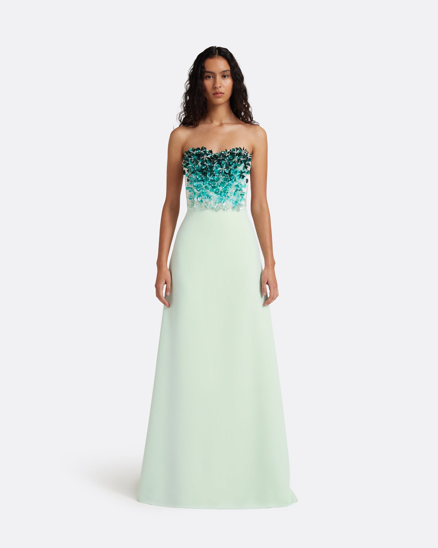 Siena Long Dress in Sea Glass with Blue Embroidery