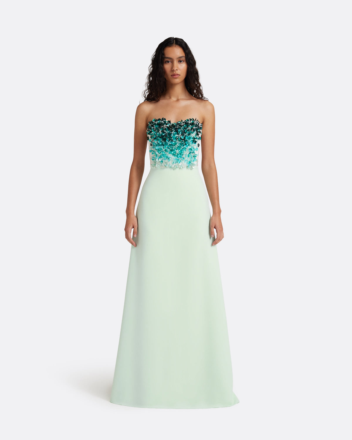 Siena Long Dress in Sea Glass with Blue Embroidery