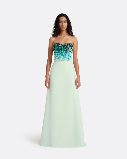 Siena Long Dress in Sea Glass with Blue Embroidery
