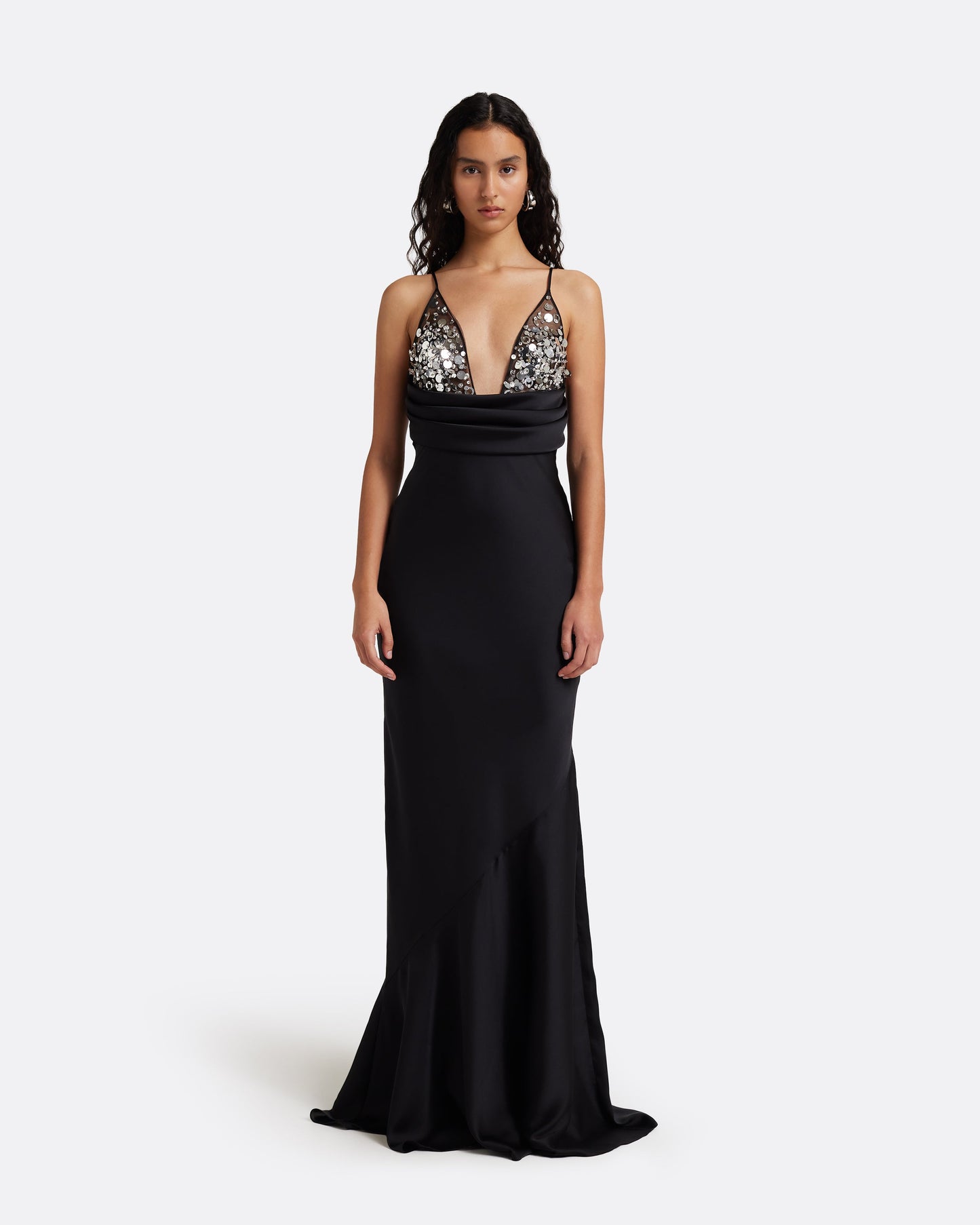 Asia Long Dress in Black with Crystal Embroidery