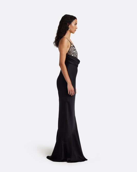 Asia Long Dress in Black with Crystal Embroidery