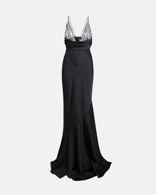 Asia Long Dress in Black with Crystal Embroidery
