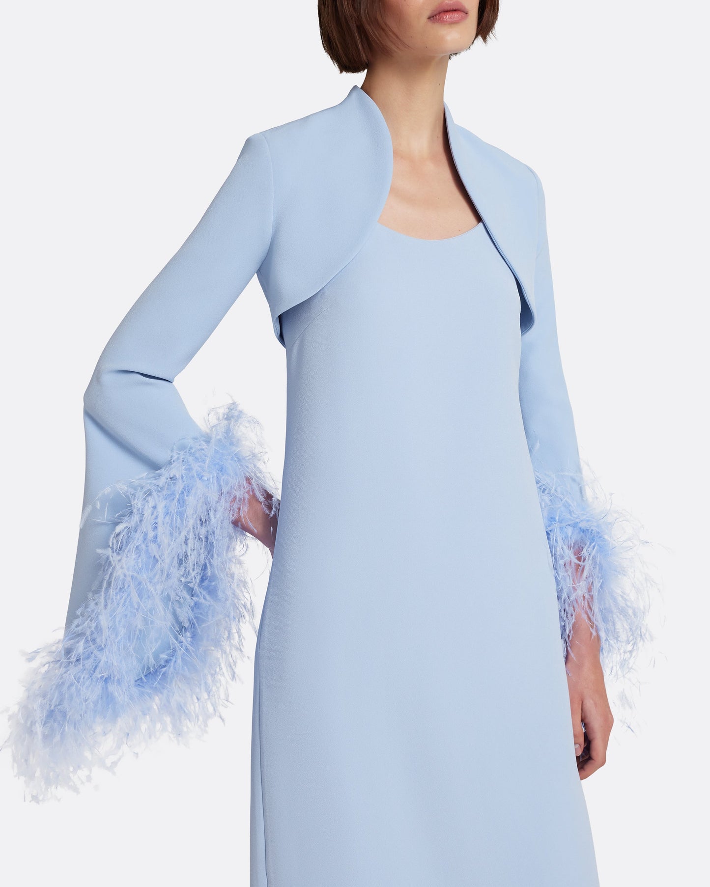 Elise Harness with Maddison Long Dress in Soft Sky with Feathers