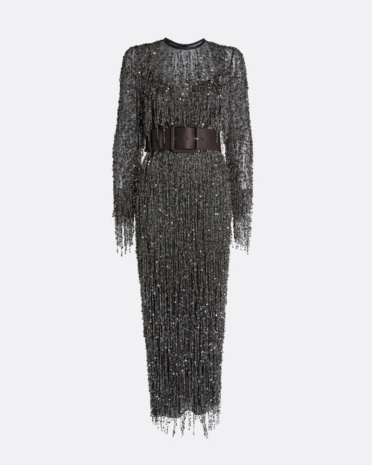 Lyran Midi Dress in Peat Brown on Black with Gunmetal