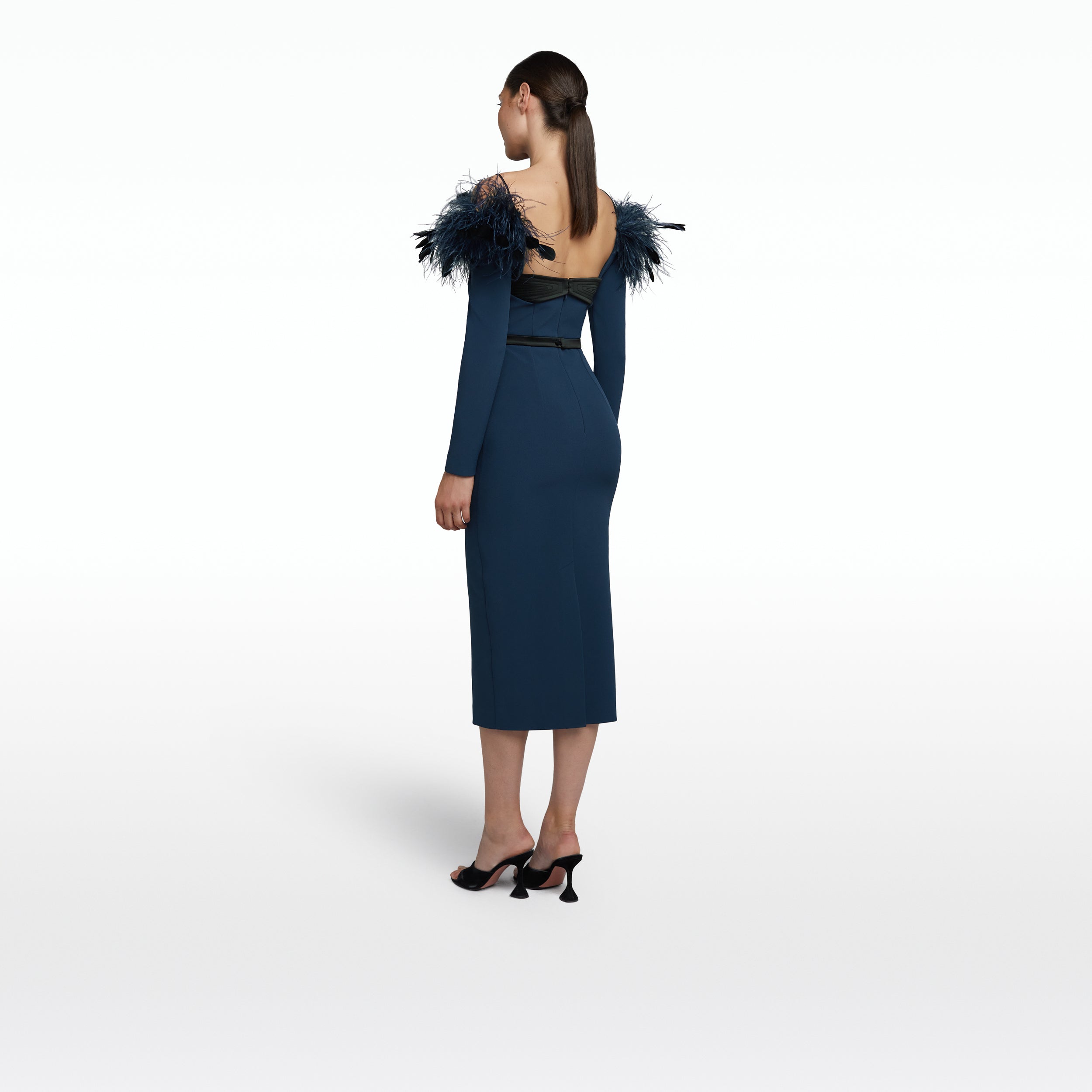 Vittoria Ink Blue Feather Trimmed Midi Dress