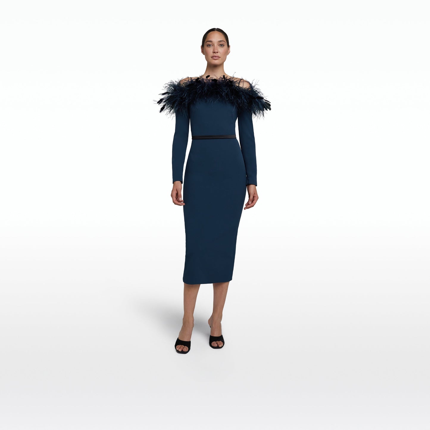 Vittoria Ink Blue Feather Trimmed Midi Dress