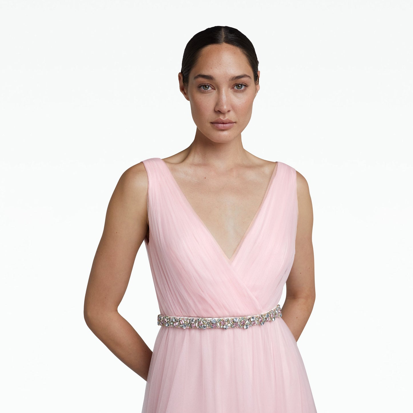 Enrica Barely Pink Long Dress With embroidered Belt