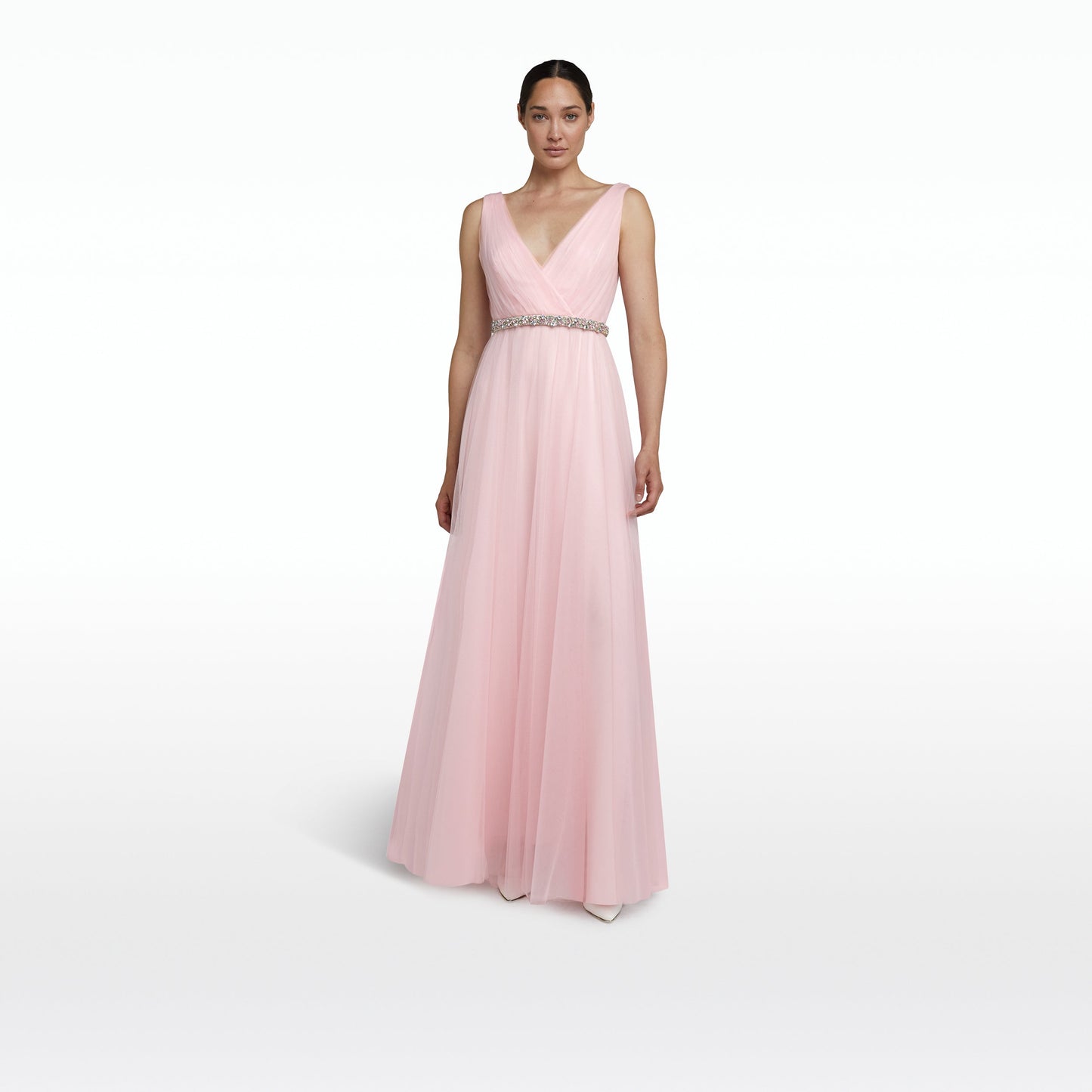 Enrica Barely Pink Long Dress With embroidered Belt