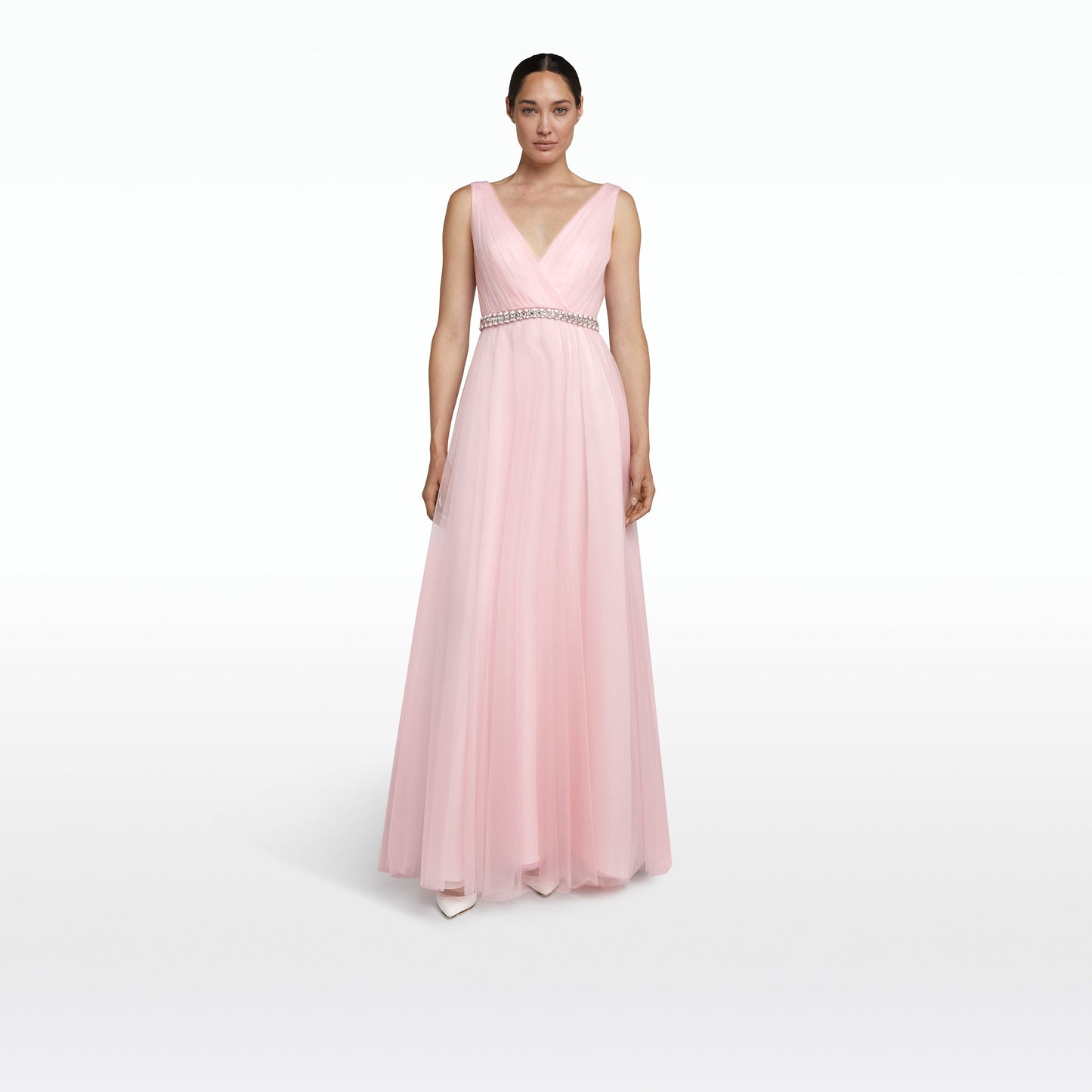 Enrica Barely Pink Long Dress With Embroidered Belt