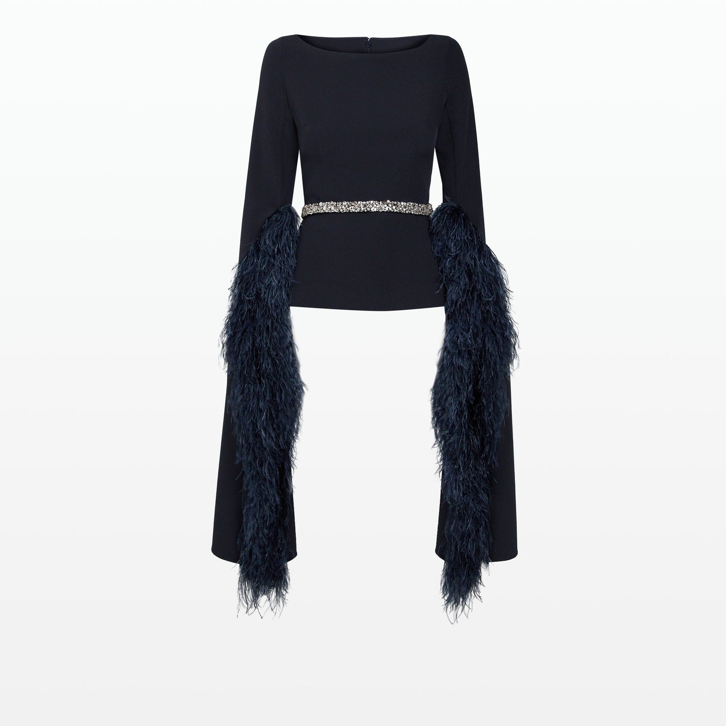 Tavia Midnight Navy Feather-Trimmed Top