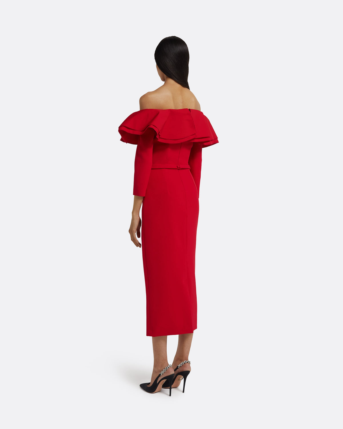 Dorian Midi Dress in Lacquer Red on Crimson