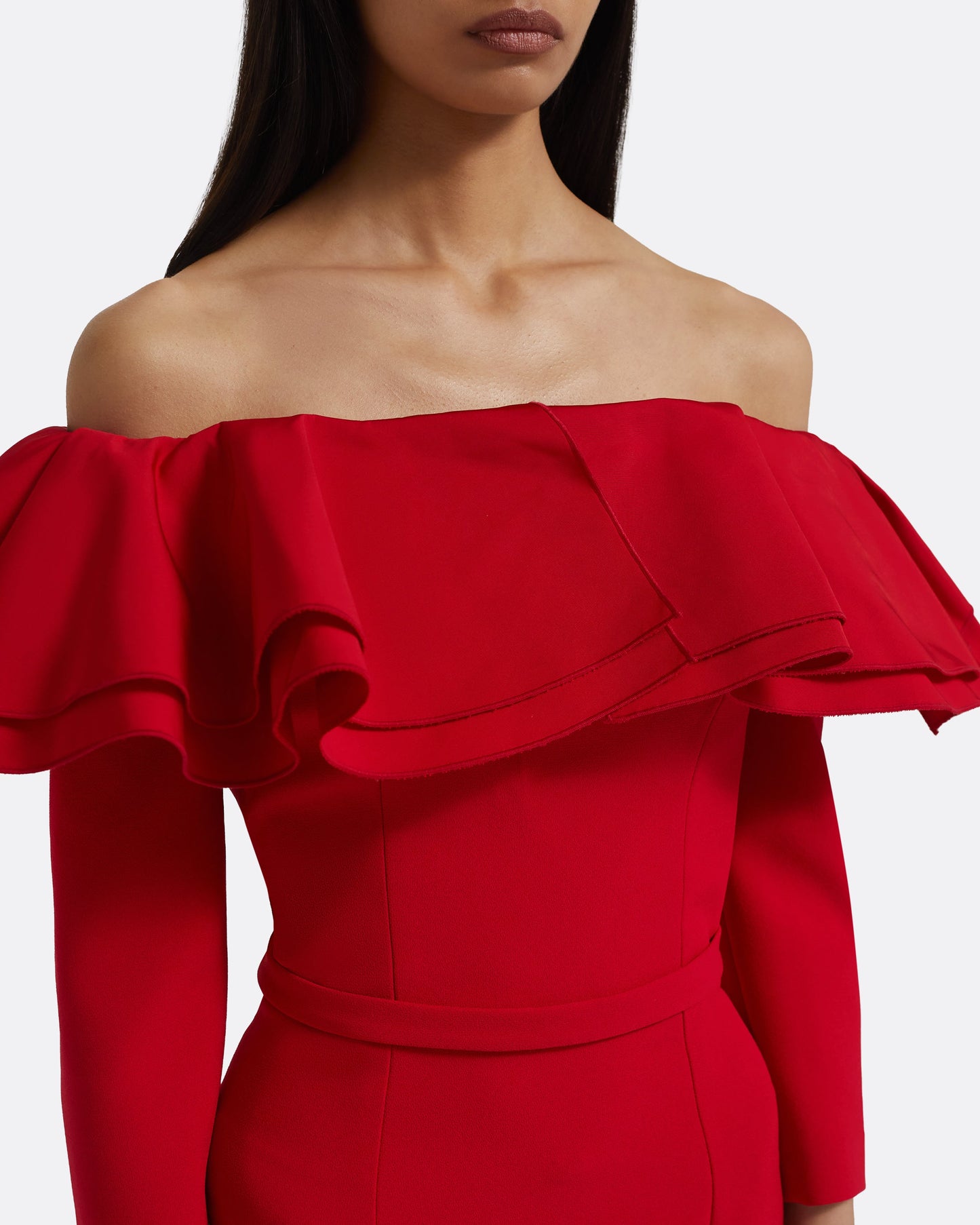 Dorian Midi Dress in Lacquer Red on Crimson