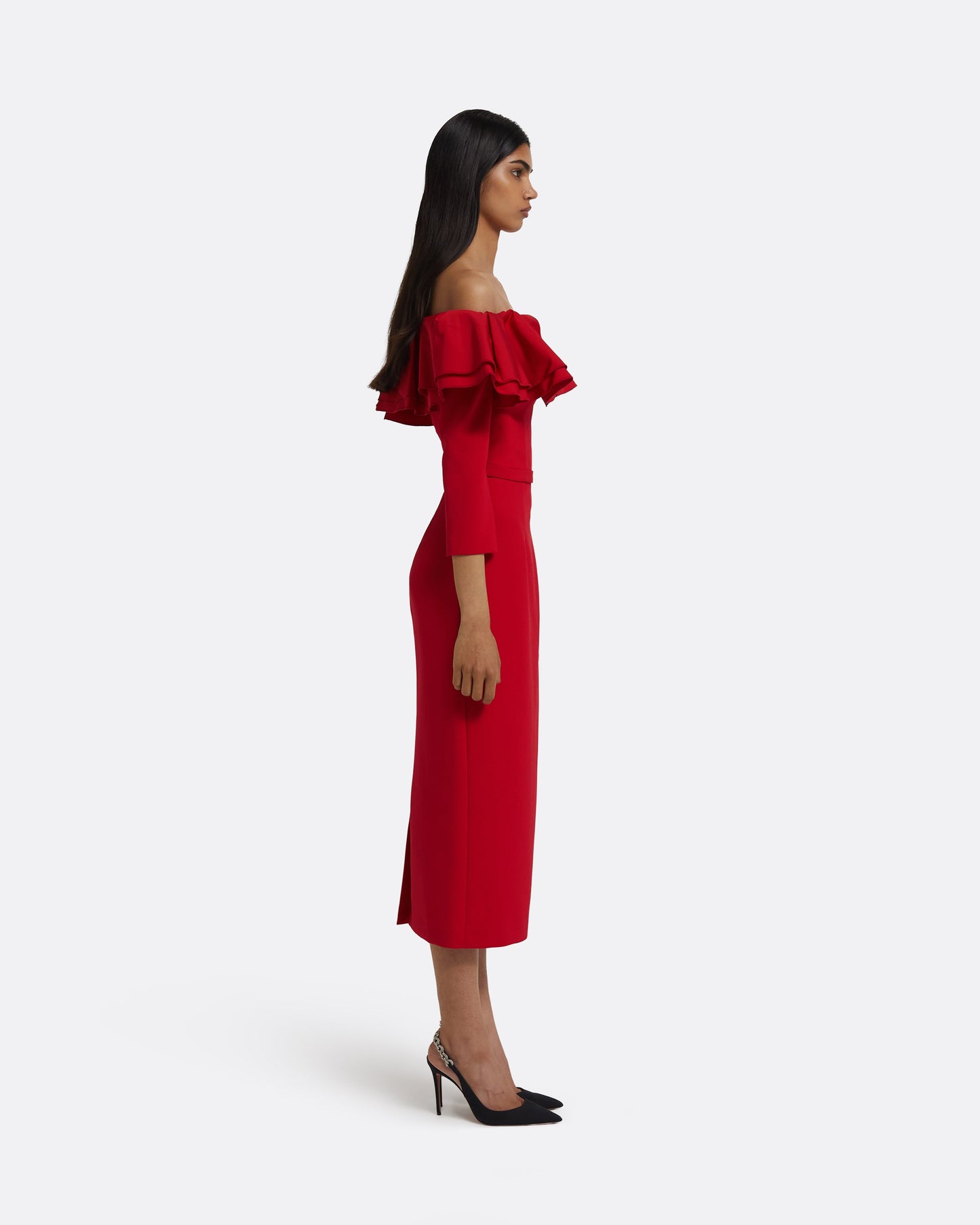 Dorian Midi Dress in Lacquer Red on Crimson