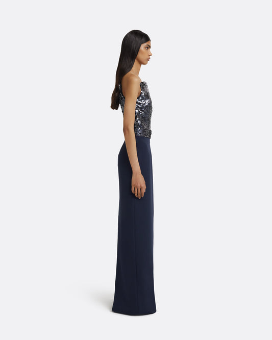 Amory Long Dress in Navy & Silver on Maritime Blue