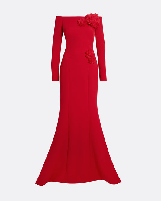 Rory Long Dress in Crimson with Crimson Appliqué