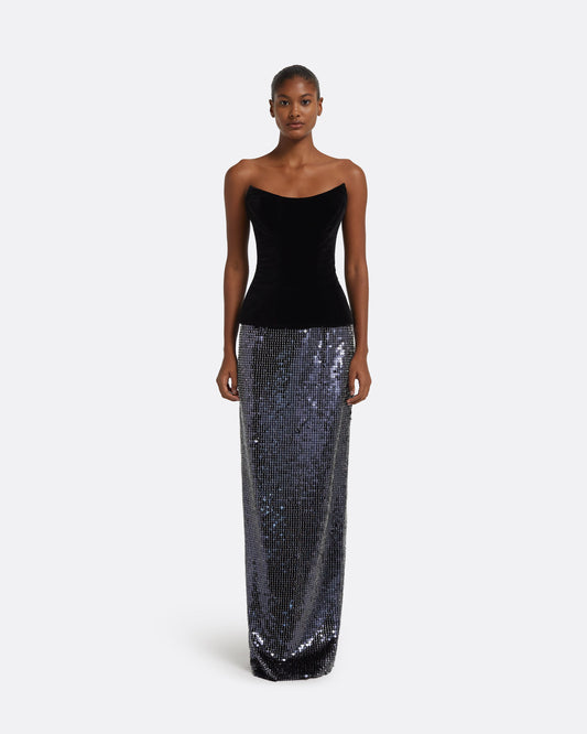 Aiden Long Dress in Black on Navy & Silver