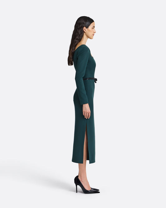 Amia Embroidered Midi Dress in Darkest Spruce