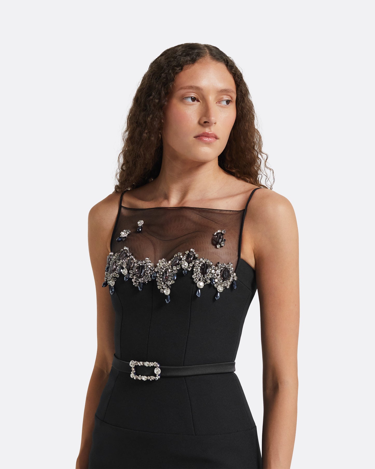 Pelin Black Long Dress With Embroidered Belt