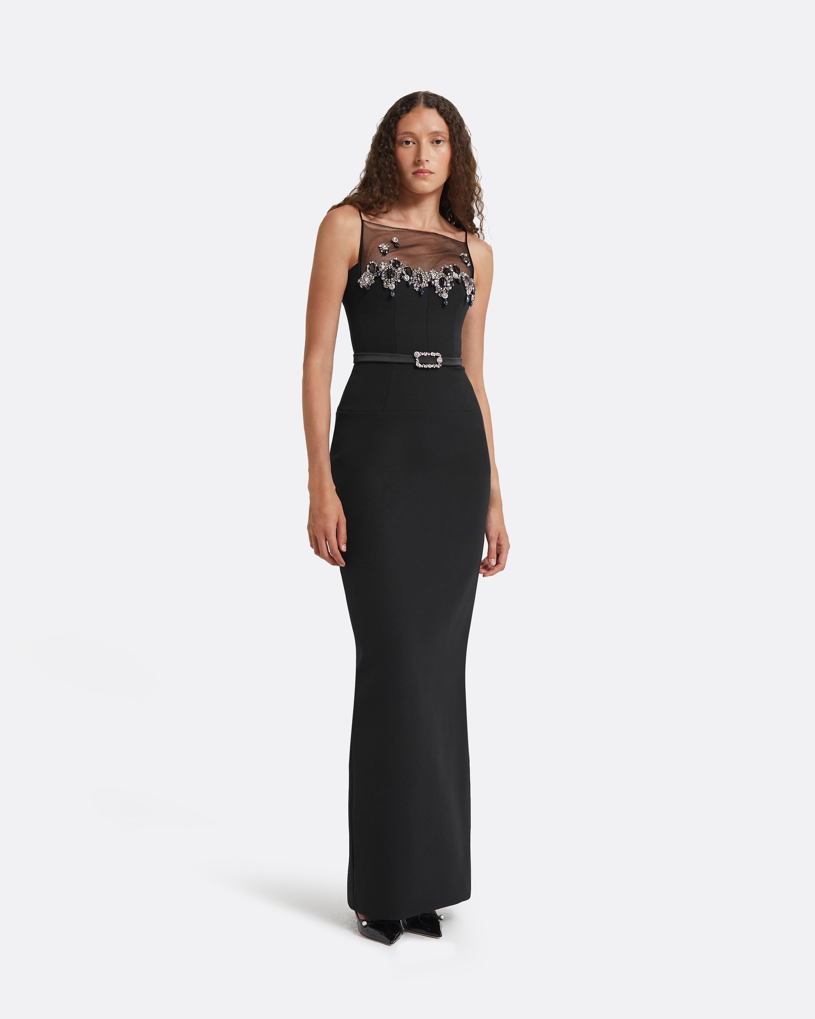 Pelin Black Long Dress With Embroidered Belt