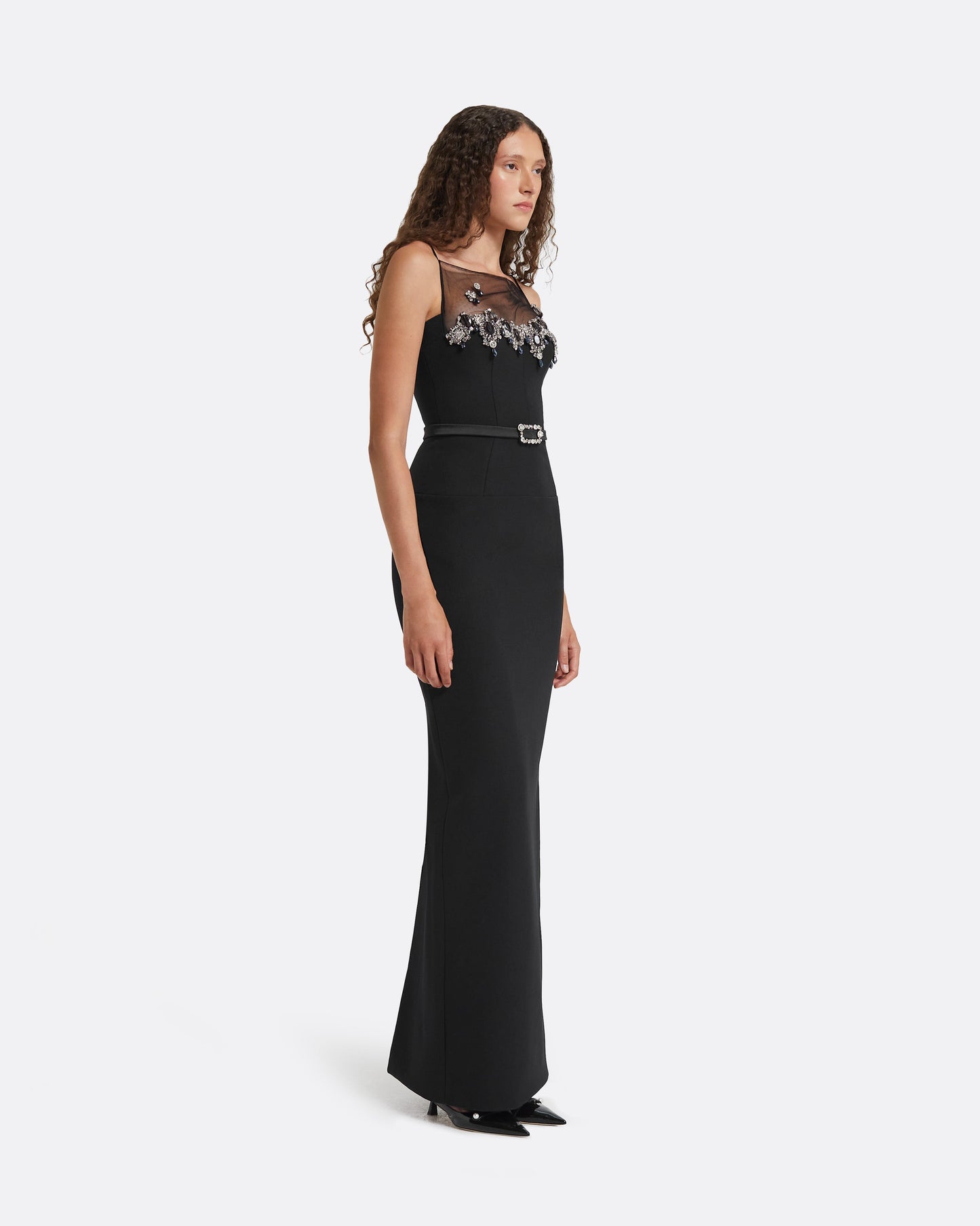 Pelin Black Long Dress With Embroidered Belt