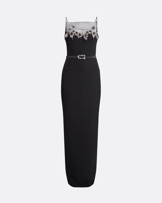 Pelin Black Long Dress With Embroidered Belt