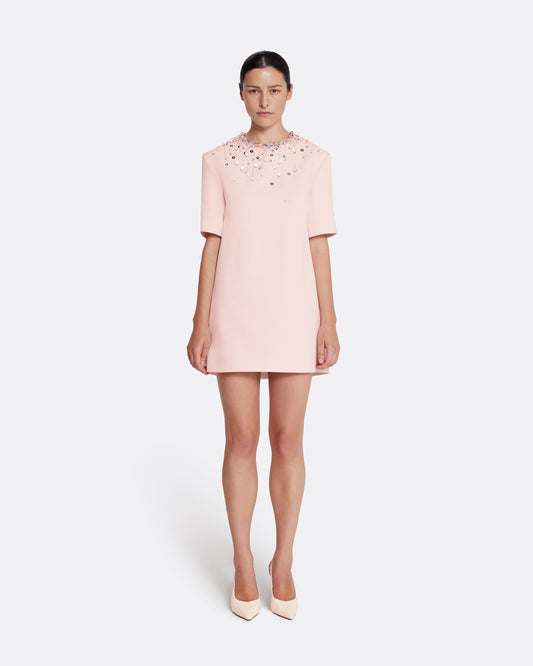 Short sleeve, shift mini dress in PALE PINK WITH MULTI PASTELS