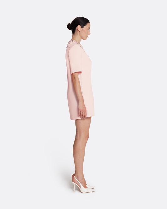 Short sleeve, shift mini dress in PALE PINK WITH MULTI PASTELS