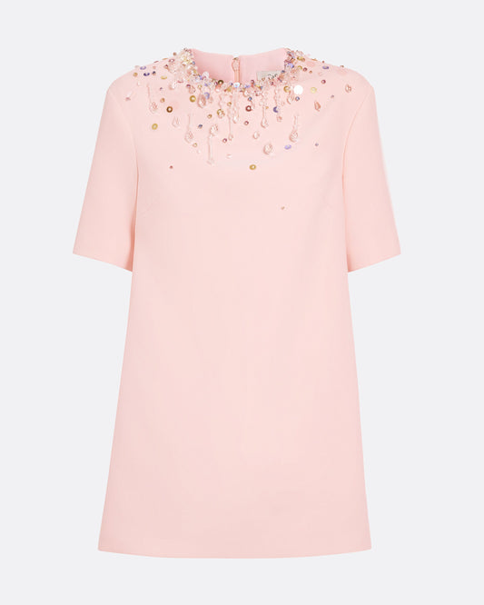 Short sleeve, shift mini dress in PALE PINK WITH MULTI PASTELS