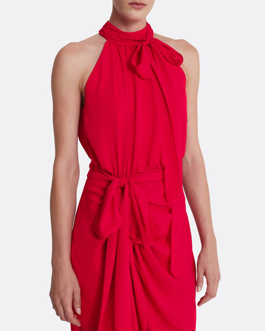 Halterneck midi dress with an asymmetric hem in AZALEA RED