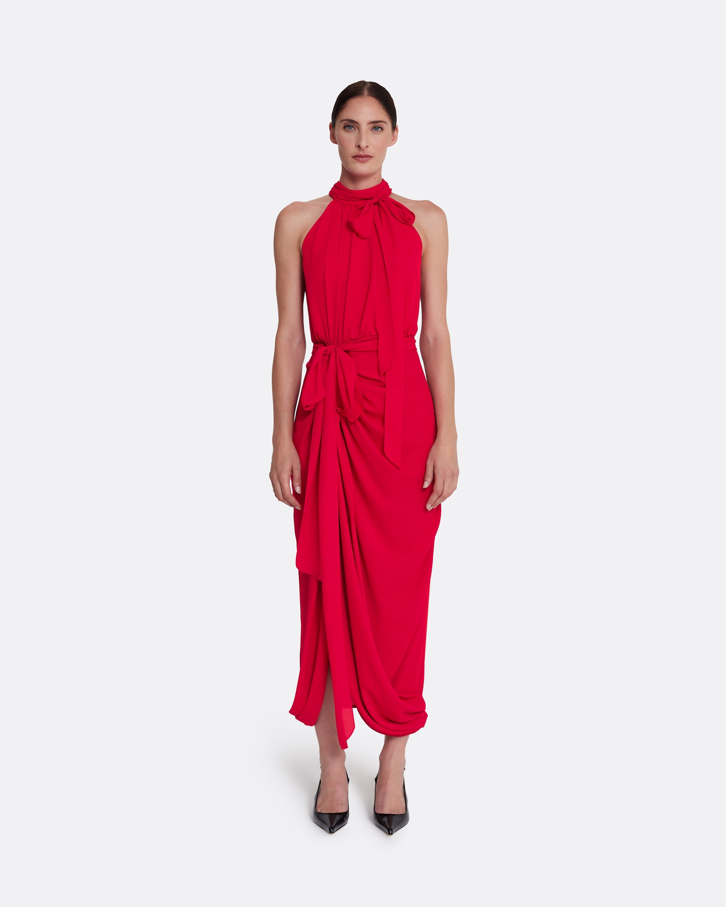 Halterneck midi dress with an asymmetric hem in AZALEA RED