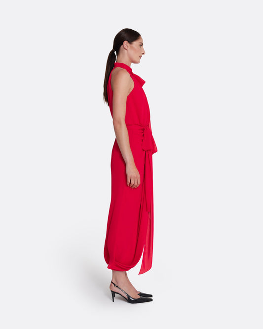 Halterneck midi dress with an asymmetric hem in AZALEA RED