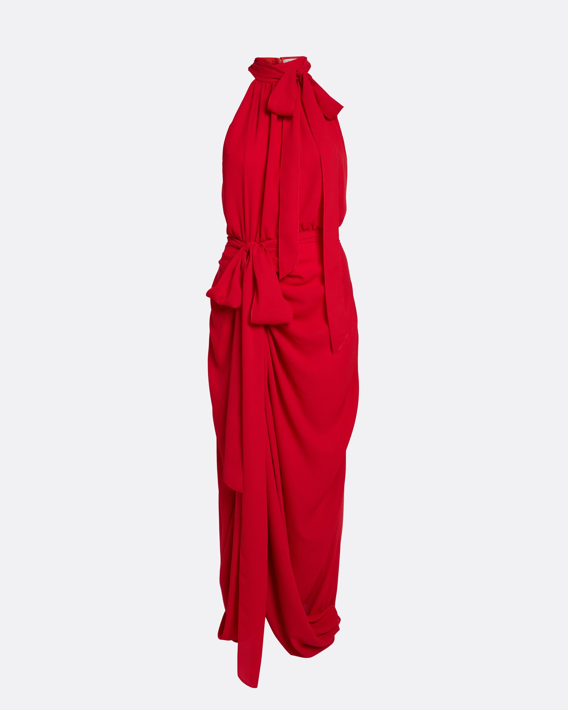 Halterneck midi dress with an asymmetric hem in AZALEA RED