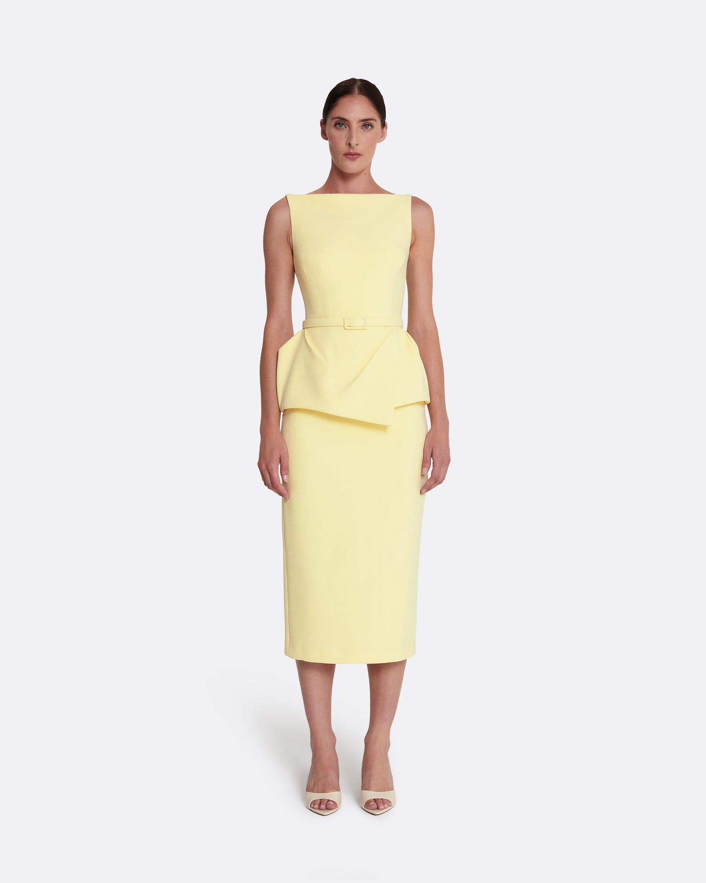 Sleeveless midi dress with flared peplum in PALE YELLOW