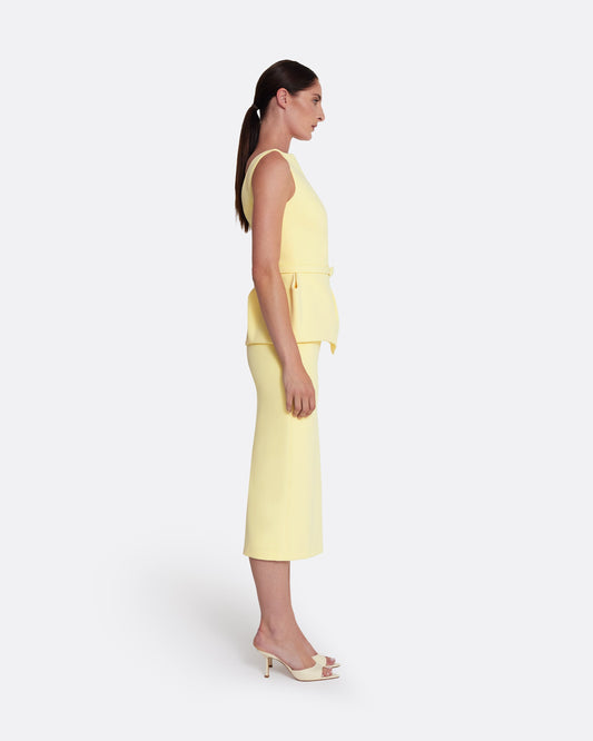 Sleeveless midi dress with flared peplum in PALE YELLOW