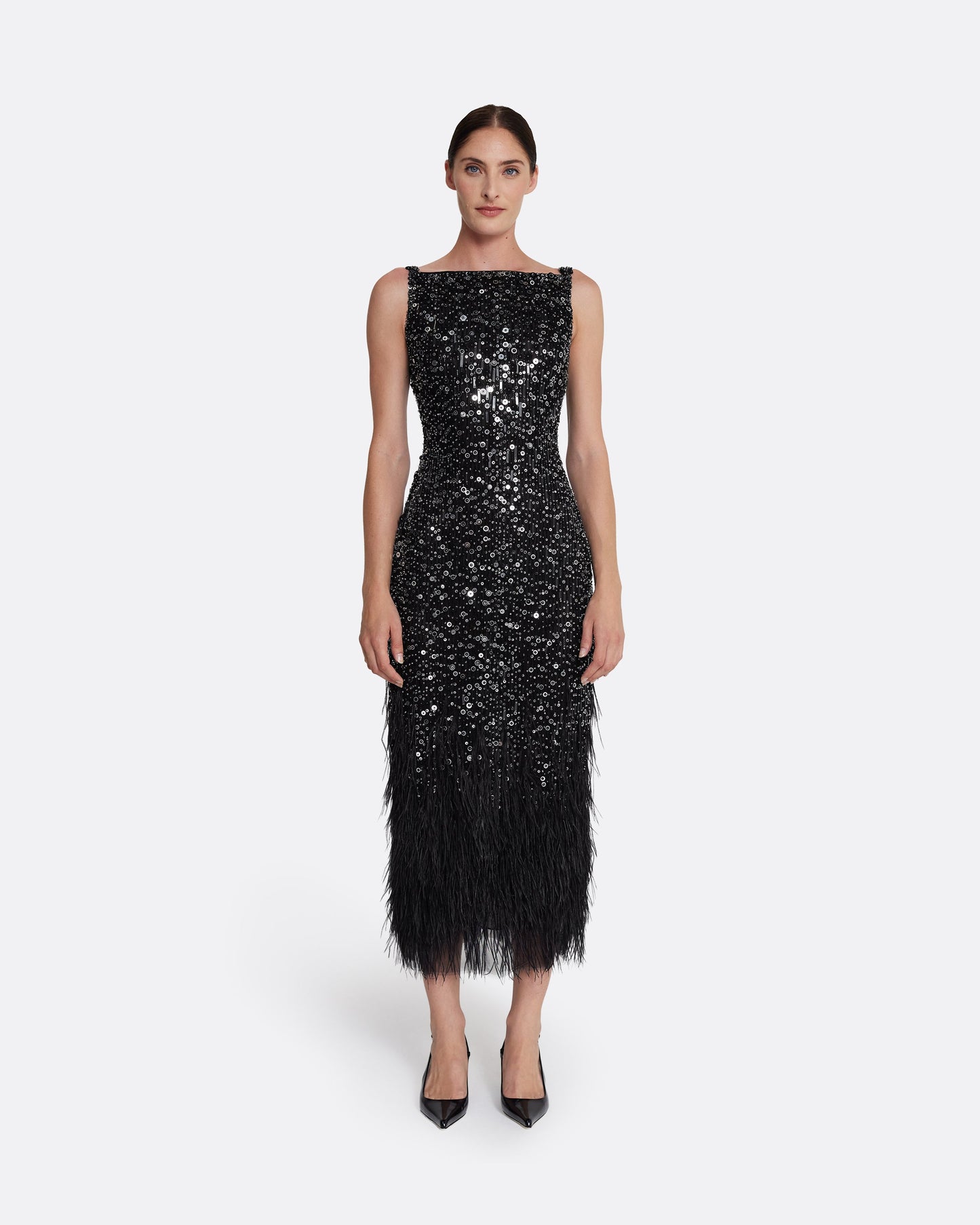 Federica Midi Dress in Black with Feather Embellishment