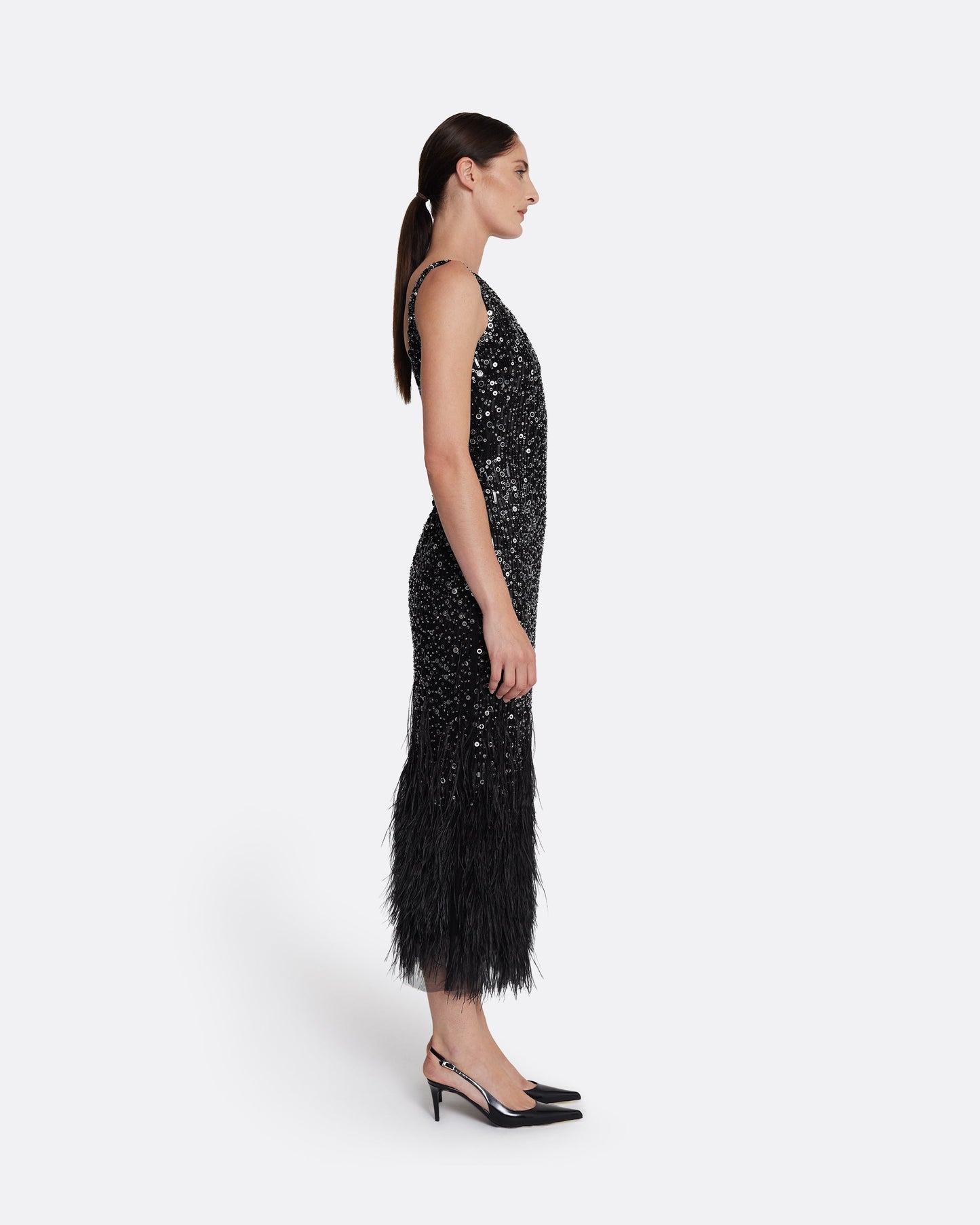 Federica Midi Dress in Black with Feather Embellishment