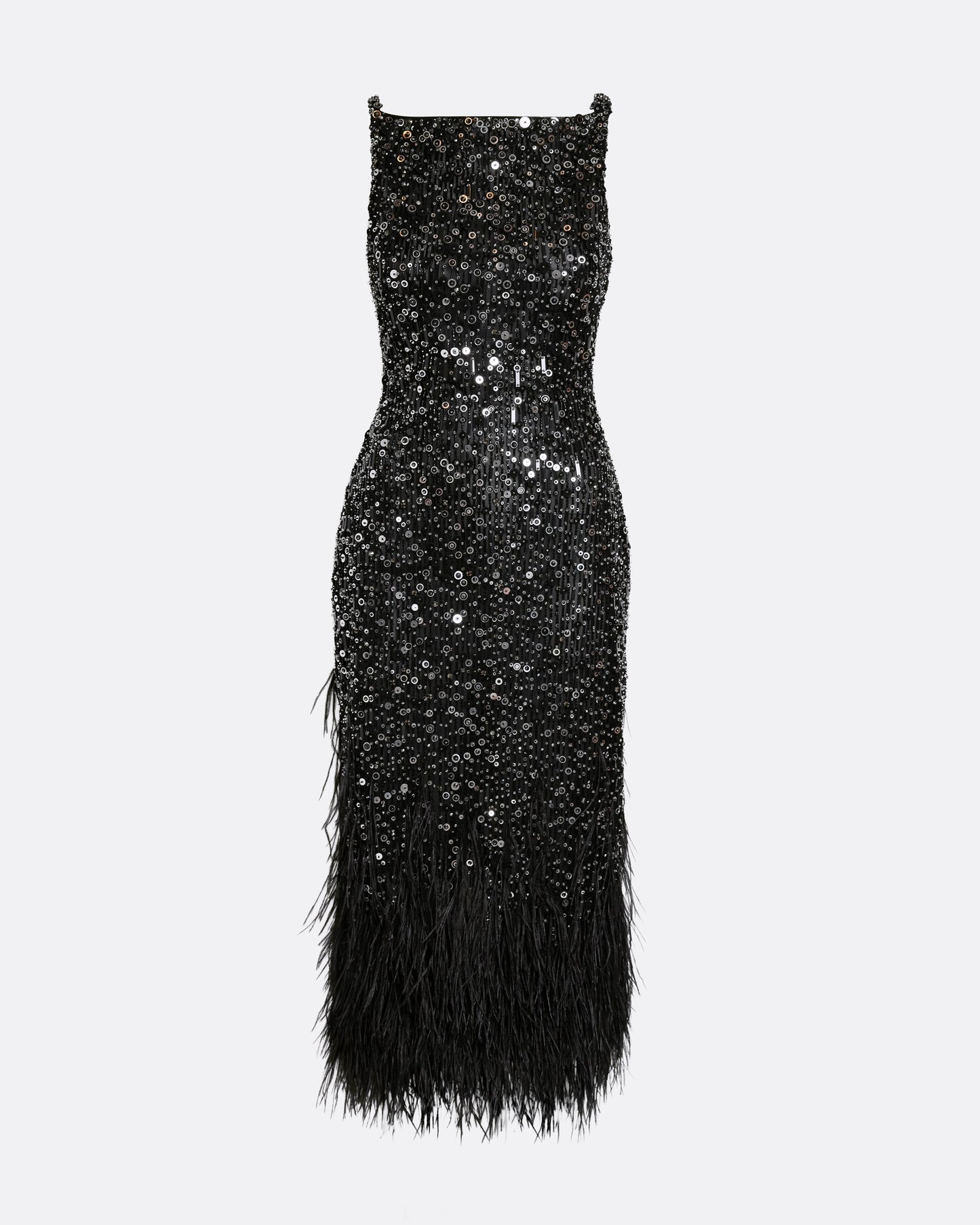 Federica Midi Dress in Black with Feather Embellishment