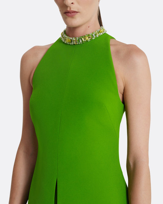 A-line mini dress with racer neck in VERDANT GREEN W MULTI-GREENS