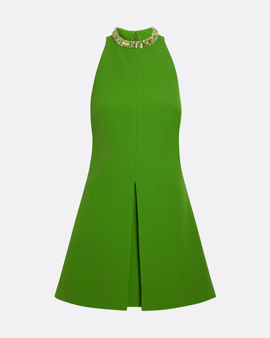 A-line mini dress with racer neck in VERDANT GREEN W MULTI-GREENS
