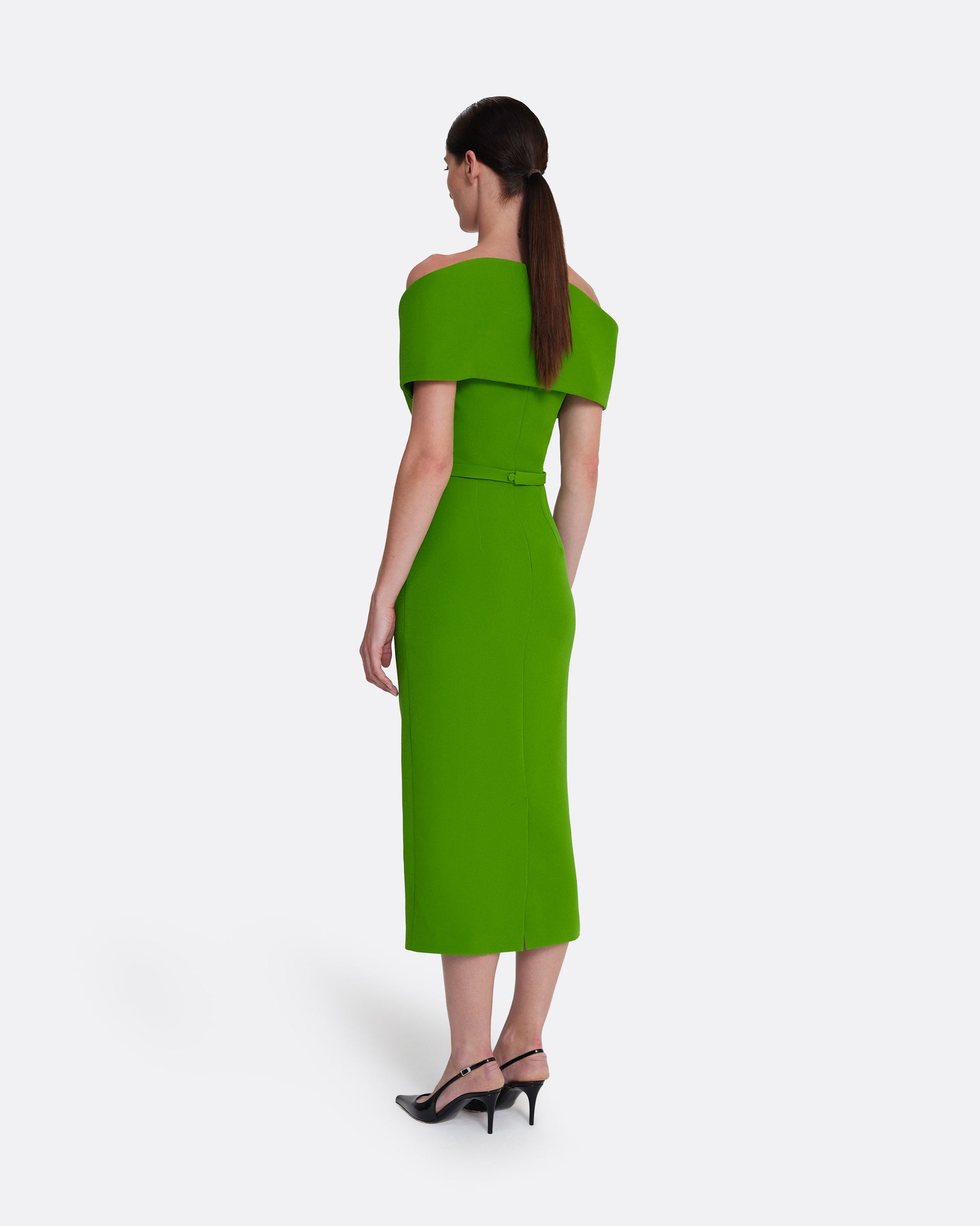 off shoulder midi dress with asymmetric neckline in VERDANT GREEN