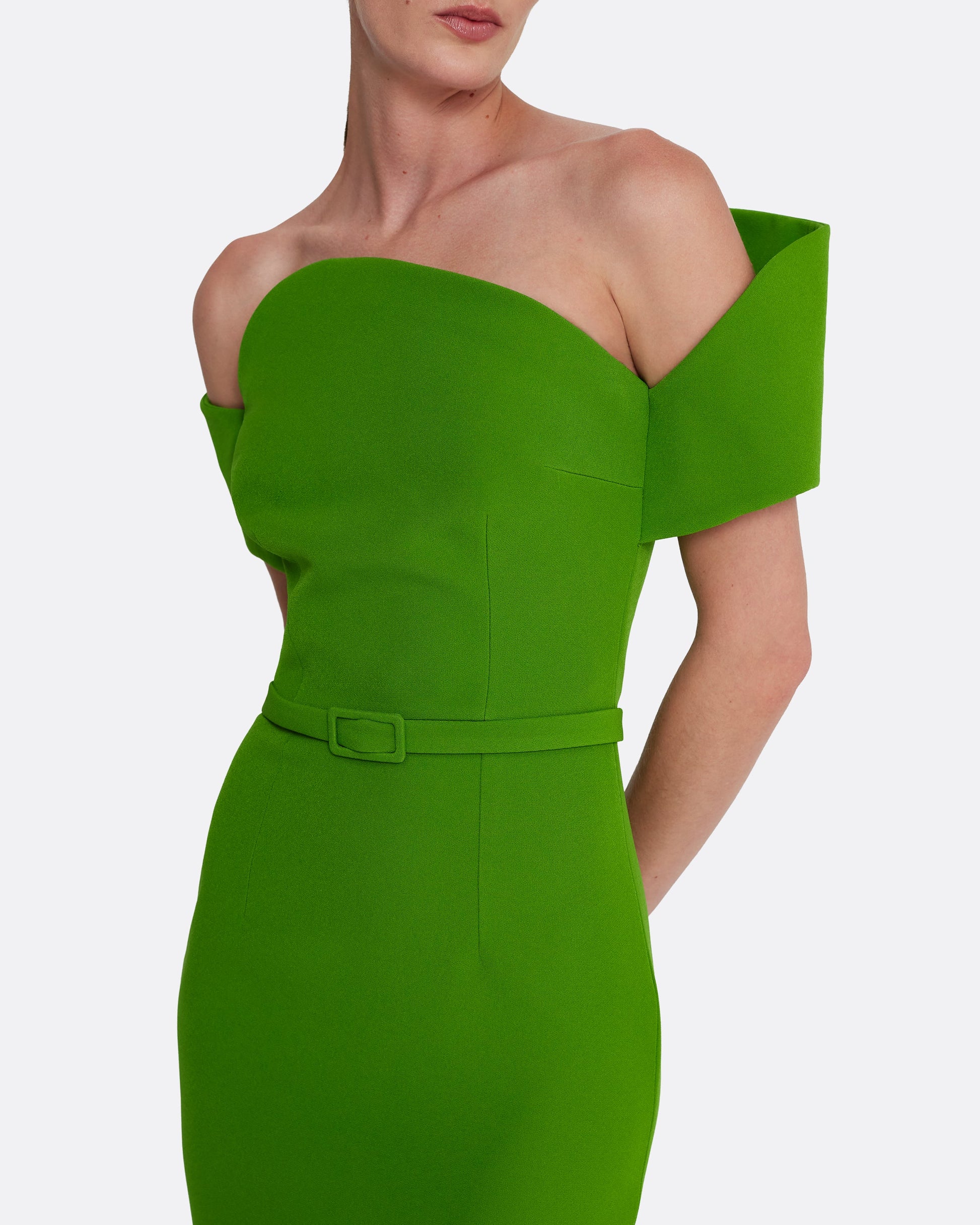 off shoulder midi dress with asymmetric neckline in VERDANT GREEN