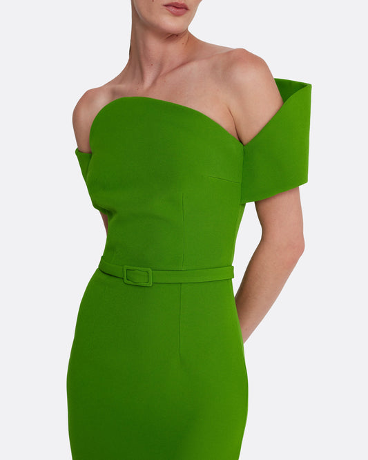 off shoulder midi dress with asymmetric neckline in VERDANT GREEN