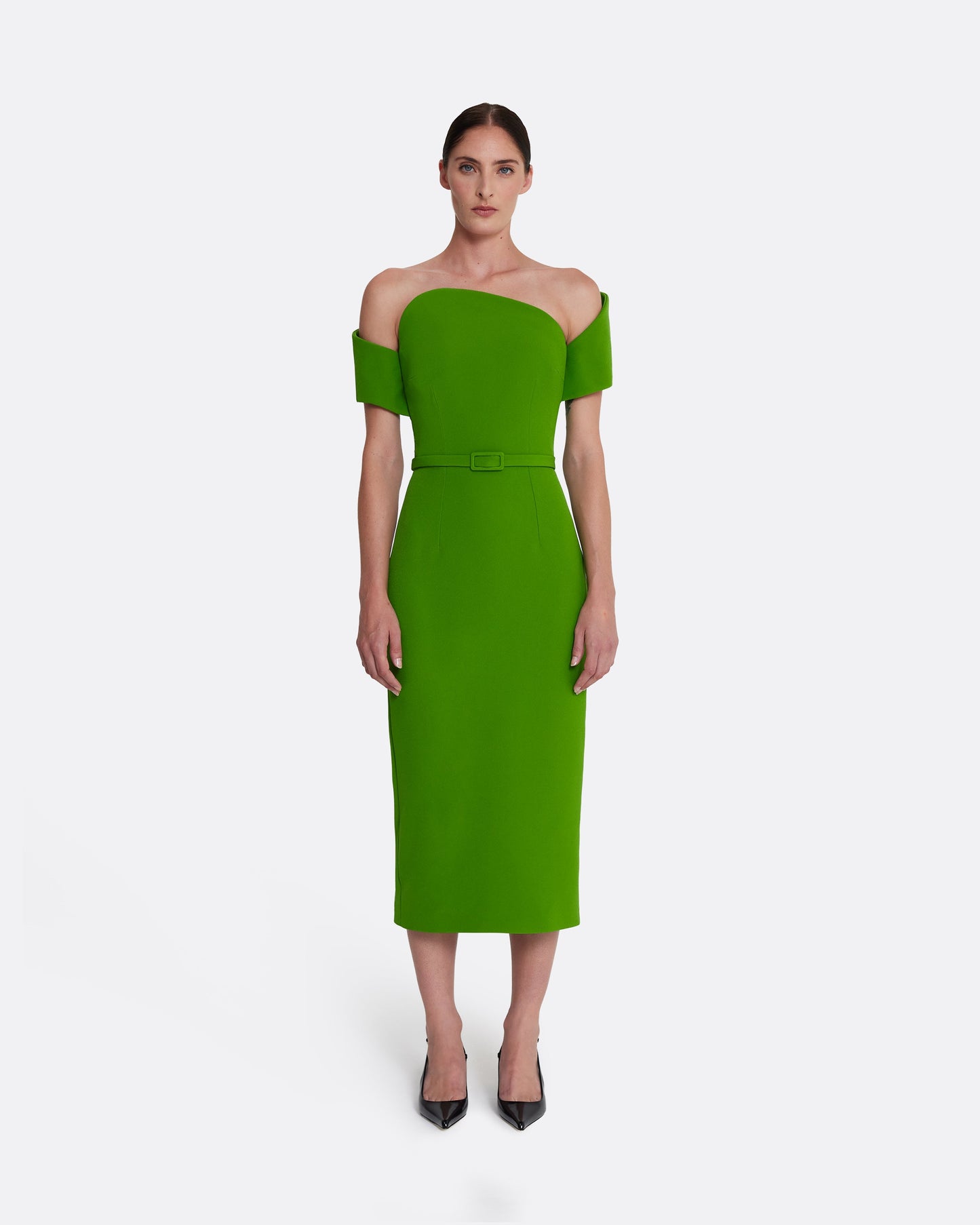 off shoulder midi dress with asymmetric neckline in VERDANT GREEN
